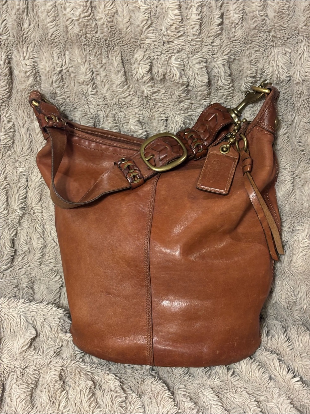 Vintage 2007 Coach Bleecker Tattersall Large Leather Duffle Bucket Bag 11423